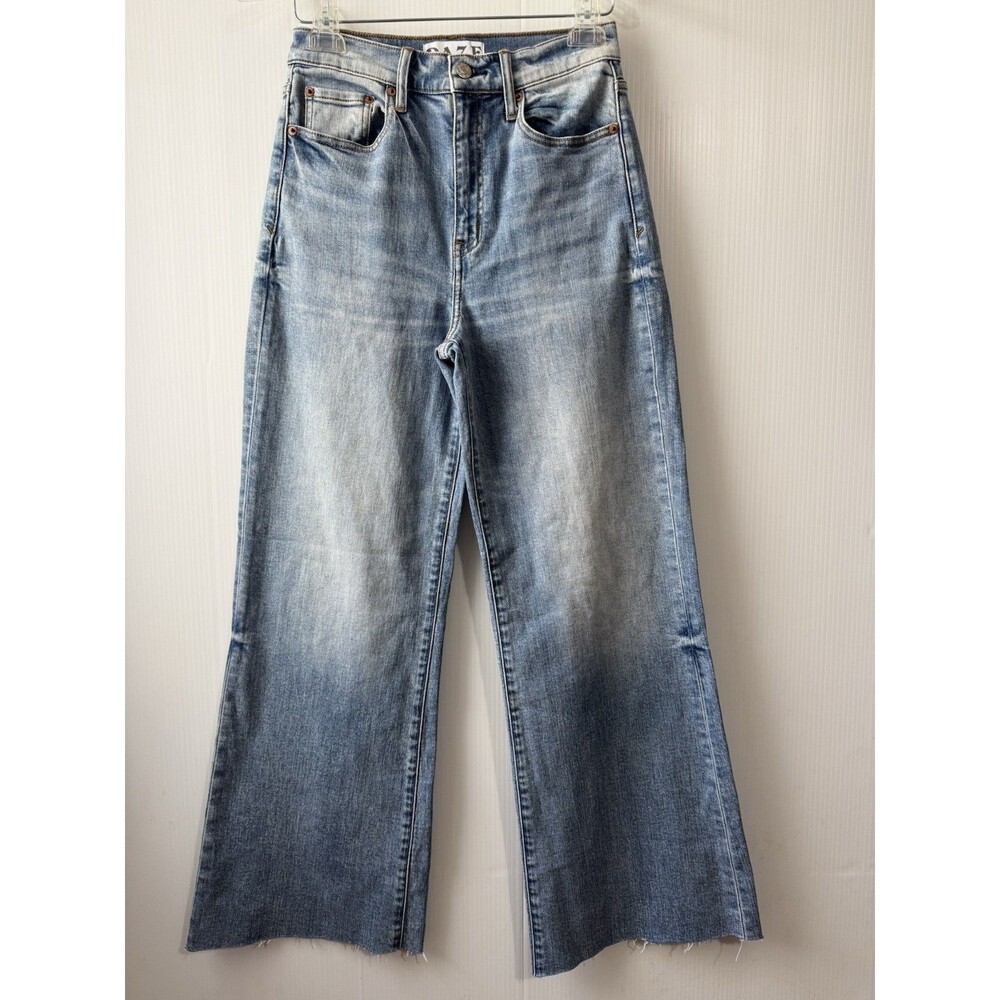 Daze Women's Raw Hem Wide Leg Jeans Stretch High Rise Sz 25 Blue Wash